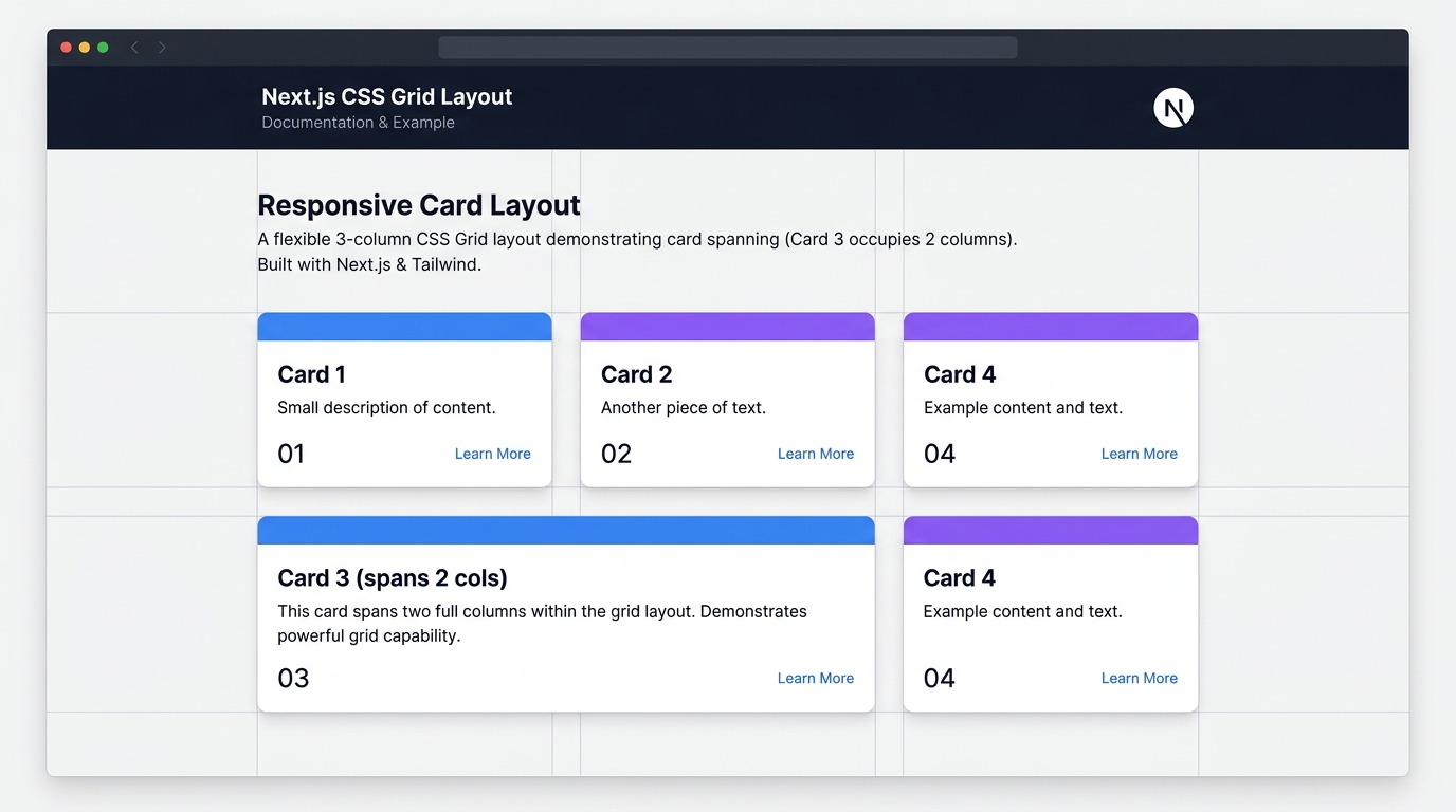 Responsive card grid showing 3 columns on desktop with cards spanning correctly