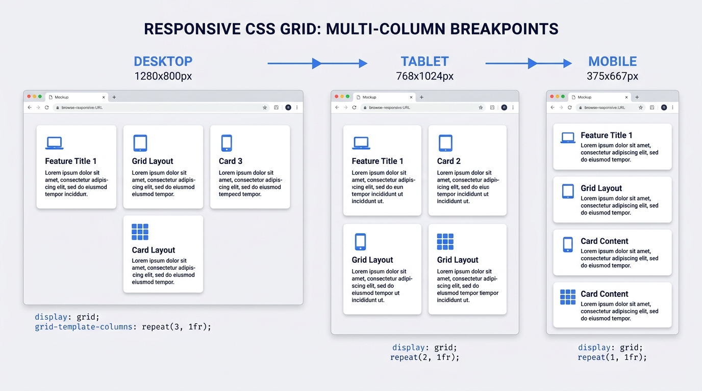 Responsive CSS Grid across desktop, tablet, and mobile breakpoints